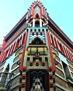 Ornate colorful corner of Casa Vicens building by Gaudi with ceramic tiles and geometric patterns