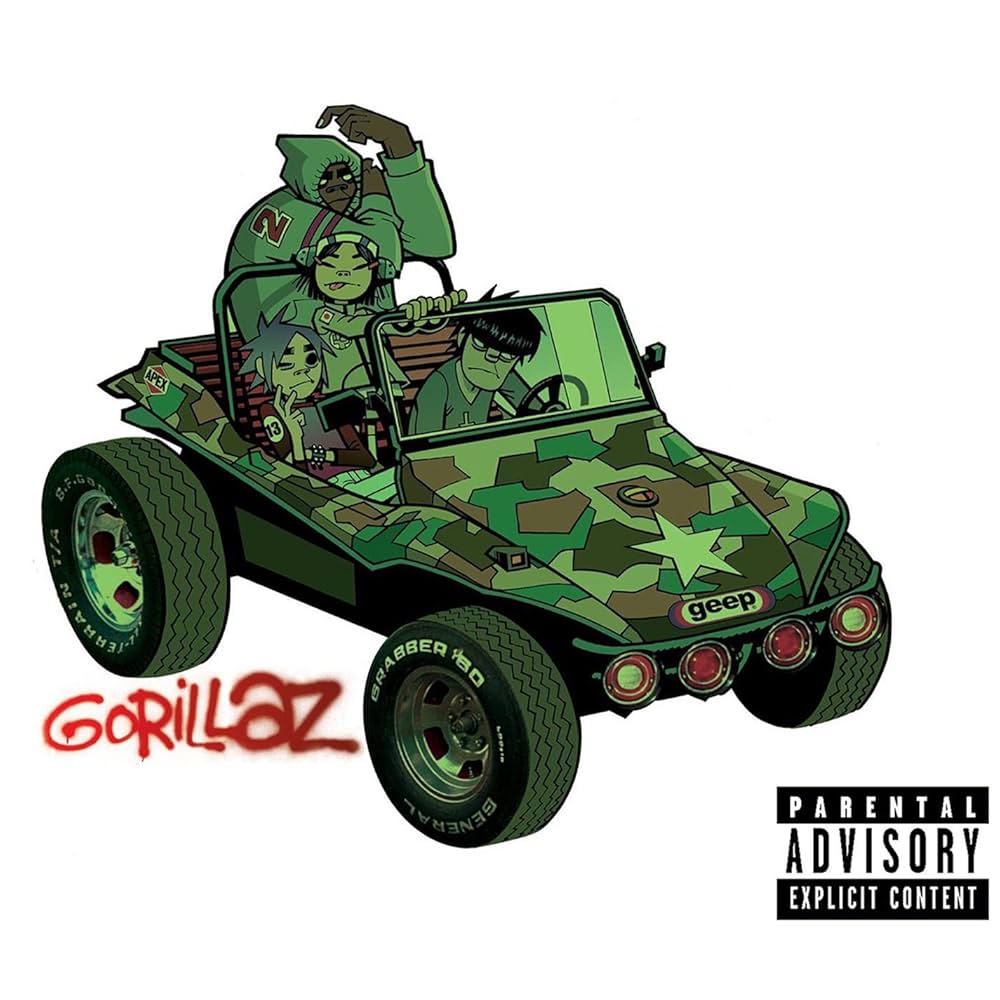 Gorillaz album art with a green camouflage dune buggy and cartoon driver on a white background