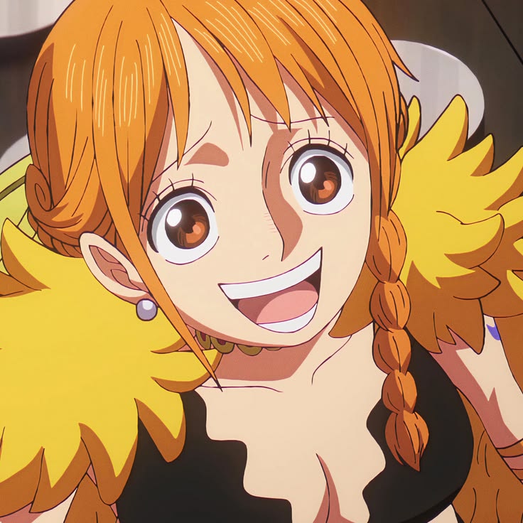 Anime girl with orange hair, brown eyes, and yellow feathers smiling