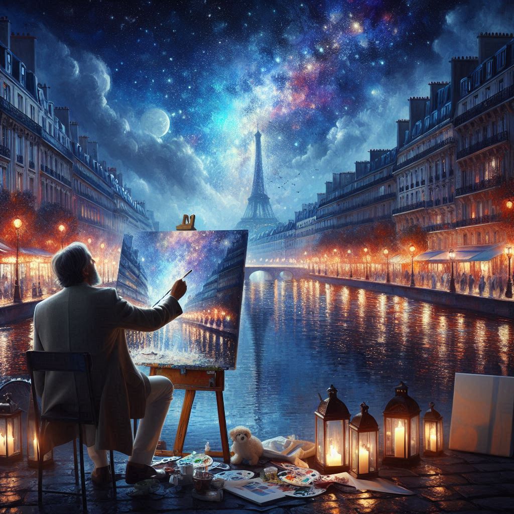 Artist with easel painting Eiffel Tower at night beside illuminated Parisian canal with dog