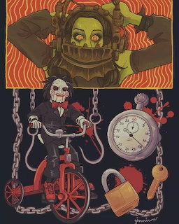 Billy the Puppet from Saw horror movie on red tricycle with chains and clock against dark background