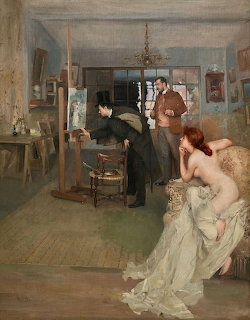 Painting of Victorian parlor with woman in white dress and man in dark suit in elegant interior setting