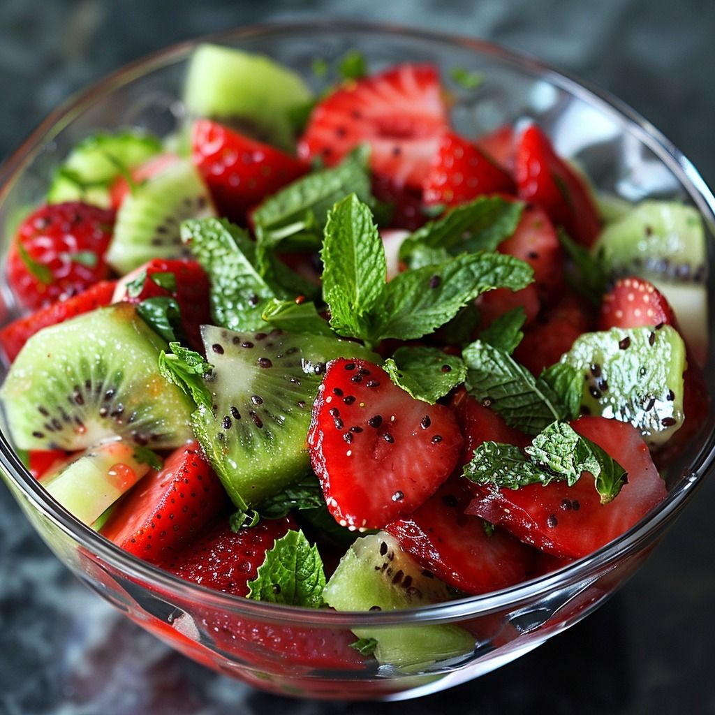 Glass bowl filled with sliced strawberries, kiwi, and fresh mint leaves
