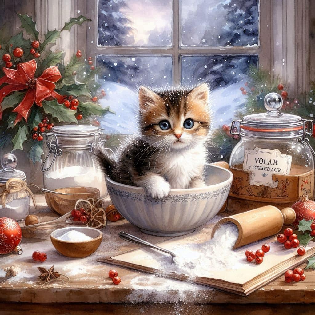 Fluffy kitten sitting in bowl with Christmas baking supplies, poinsettias, and snowy window background