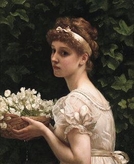 Classical painting of a young woman holding a basket of white flowers against green foliage