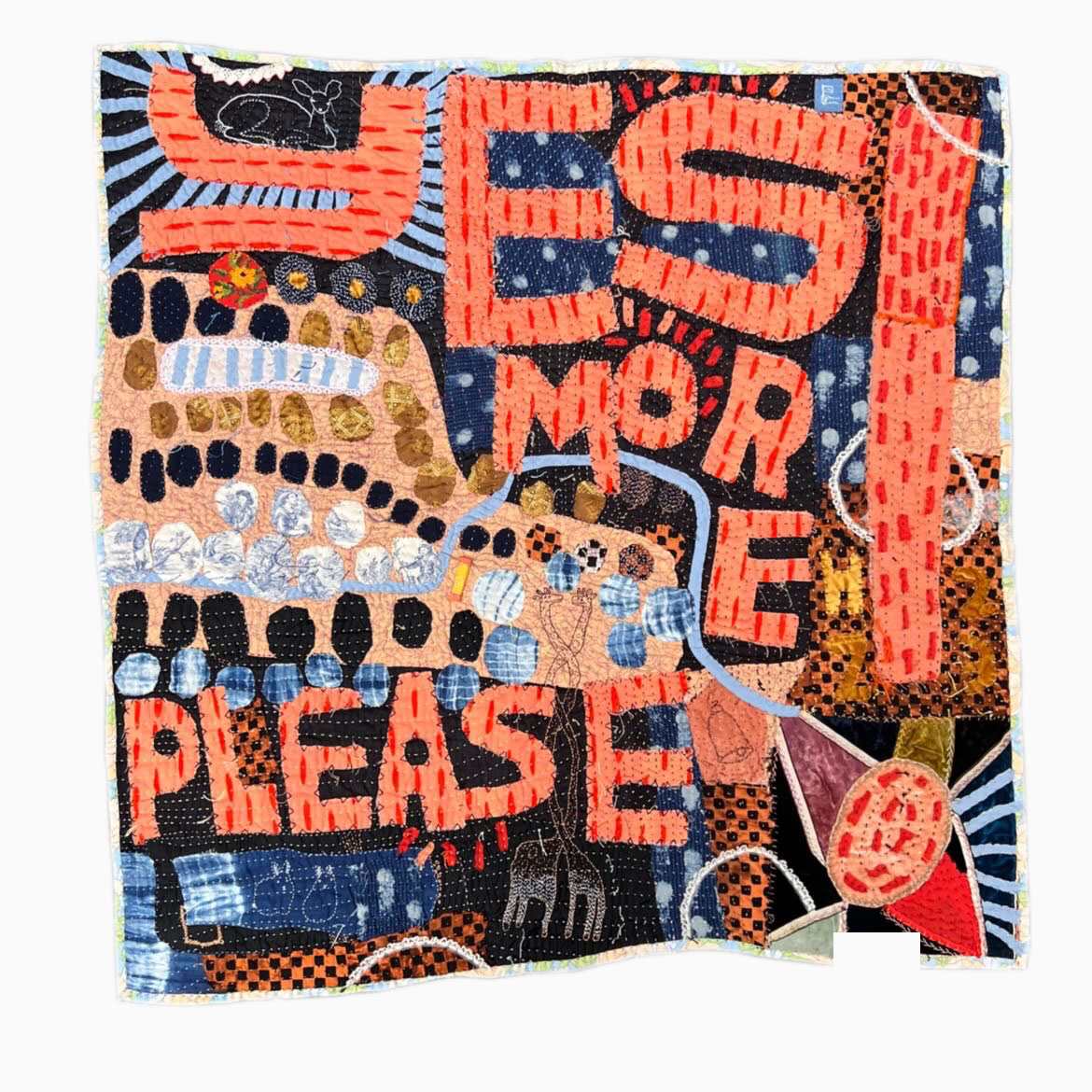 Abstract collage with orange, blue, and red patterns, textured typography spelling MORE and PLEASE, and geometric dotted designs