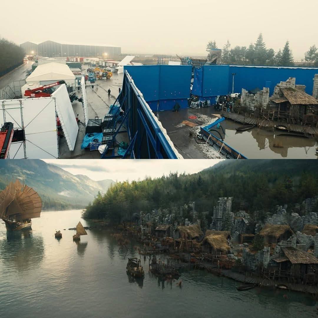 Two-part image: film set with blue screens above, medieval-style village on lake below