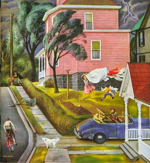 Vintage illustration of pink house with laundry blowing in wind before storm
