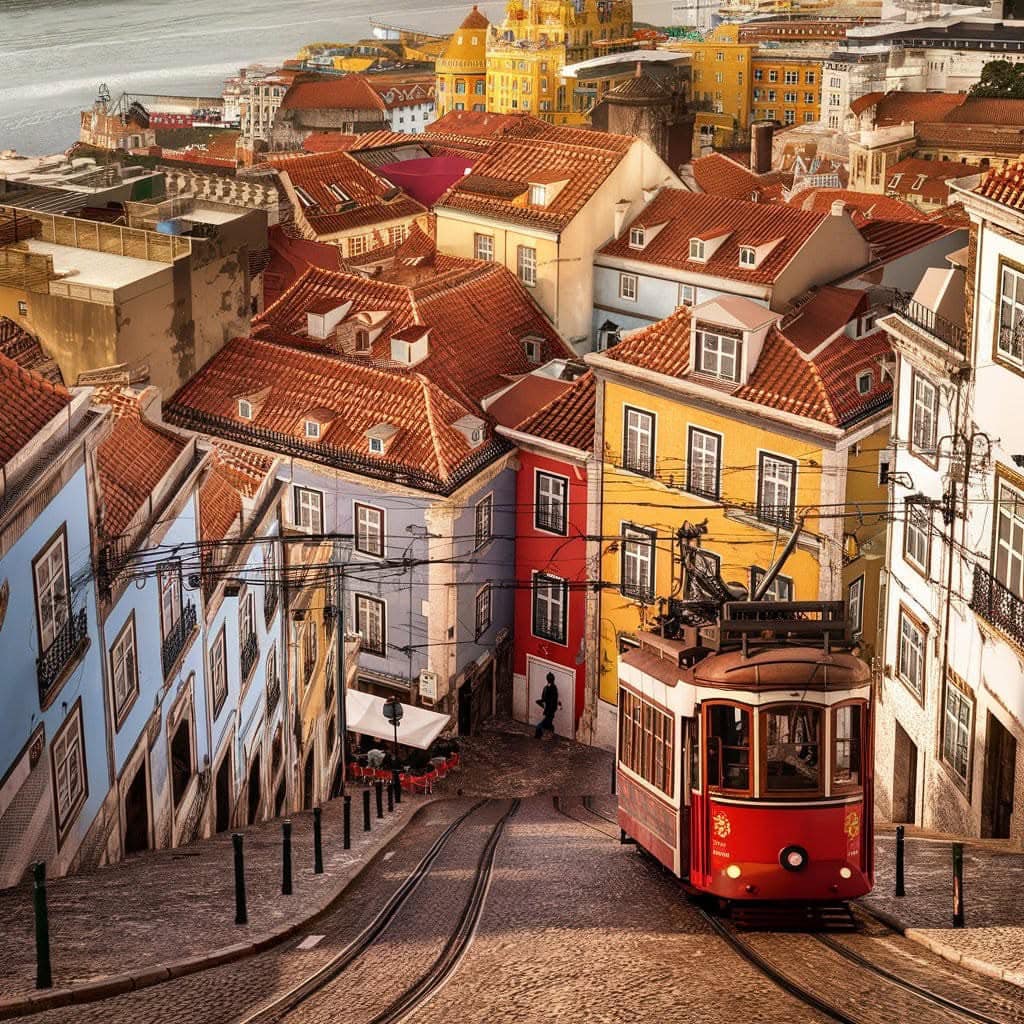 Red tram climbing a steep Lisbon street between colorful buildings