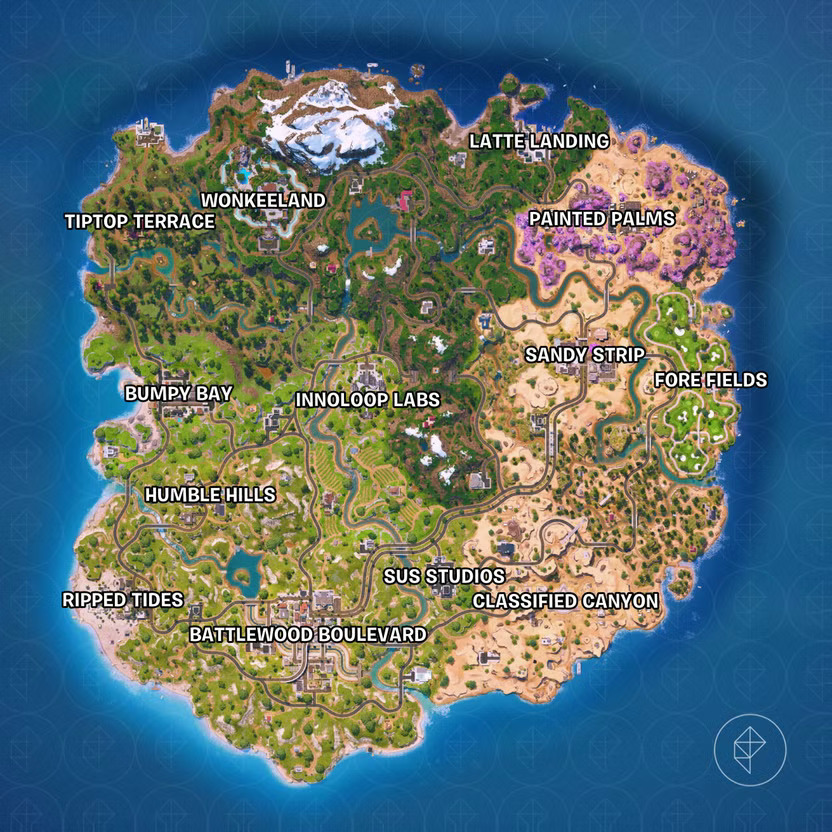 Fortnite island map with labeled locations, mixed biomes, and ocean around the coast