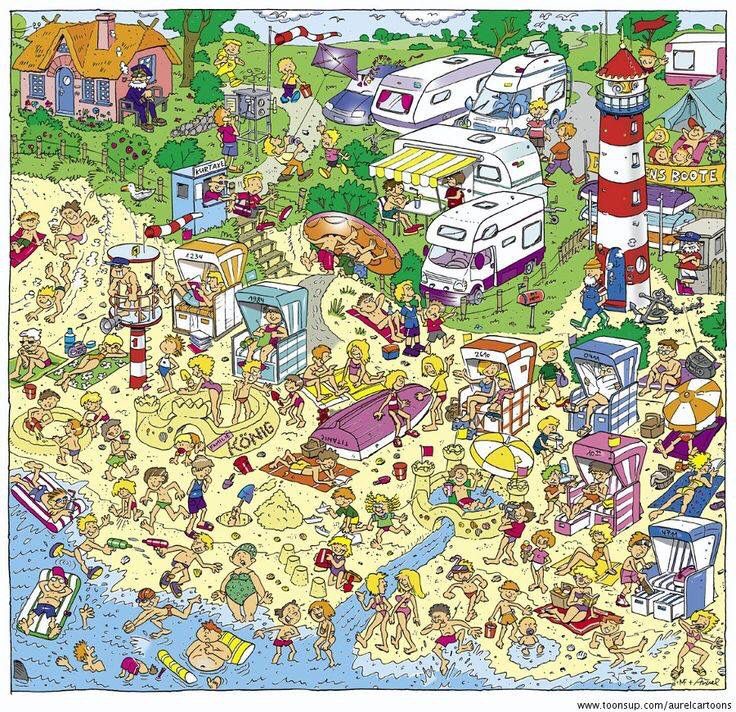 Detailed cartoon illustration of a crowded beach scene with hundreds of small characters, umbrellas, vehicles, and a lighthouse