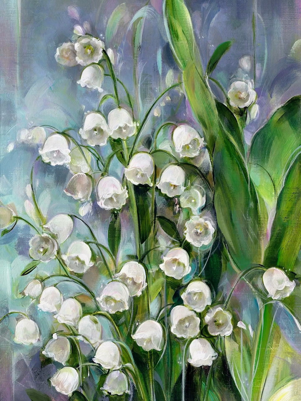 Painting of lily of the valley with white bell-shaped flowers and green leaves