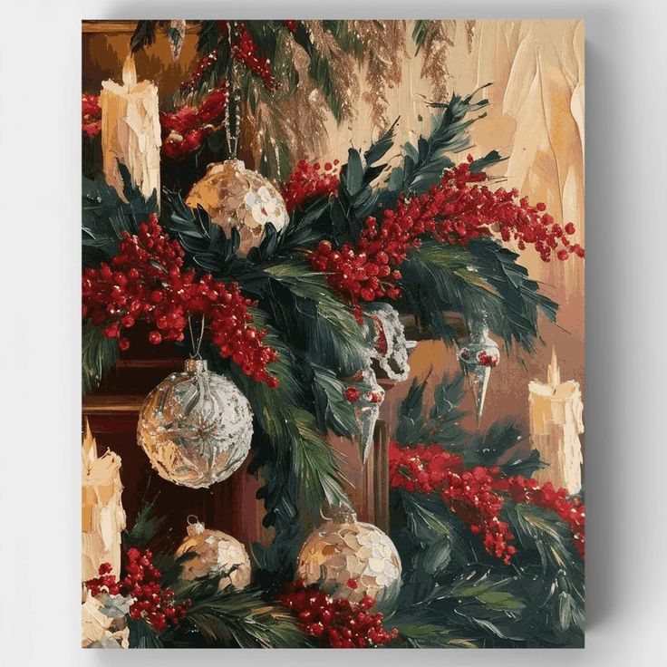 Christmas tree decorated with gold ball ornaments, red berries, and evergreen branches with candles glowing behind