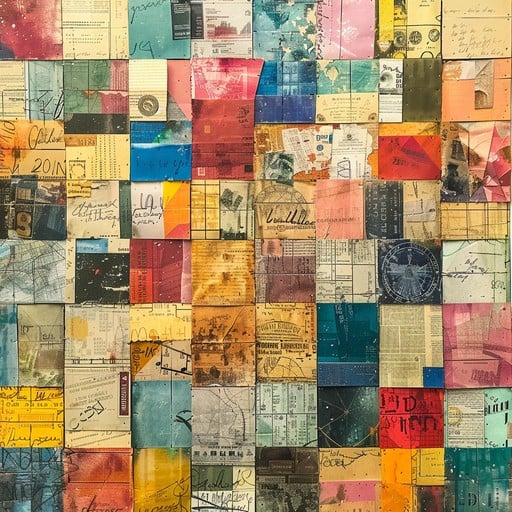 Abstract art collage with colorful painted squares, vintage papers, and layered textures in a grid pattern