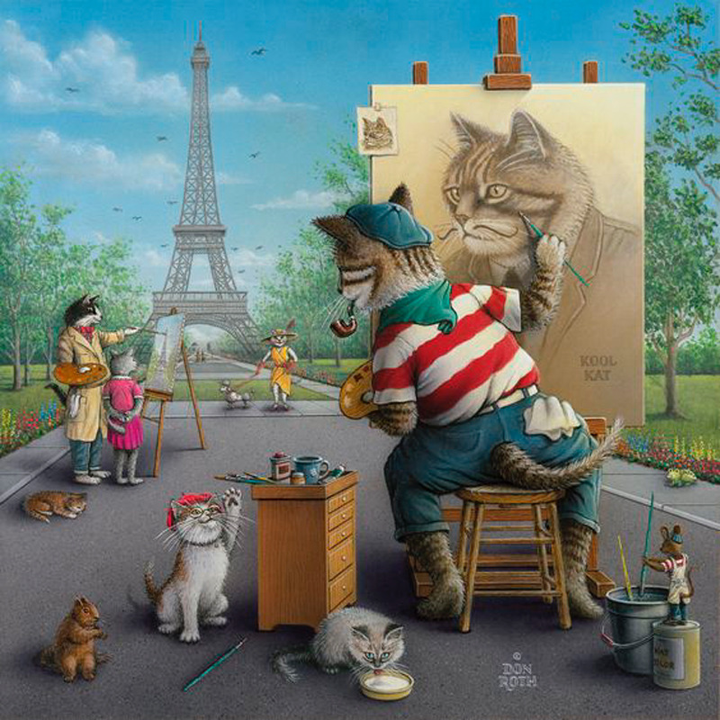 Cat wearing striped shirt painting on easel in Paris park with Eiffel Tower, surrounded by kittens and people