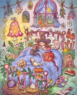Illustrated witch reading in cozy room with cats, magical plants, hanging herbs, and cottage furnishings