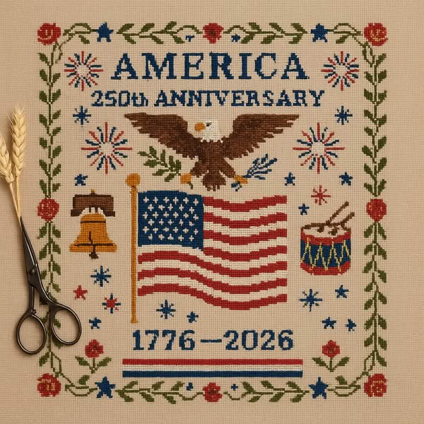 Cross-stitch sampler with American flag, eagle, and text reading America 250th Anniversary 1776-2026