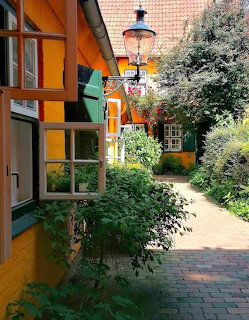Narrow village alley with colorful buildings, shrubs, and flowering plants