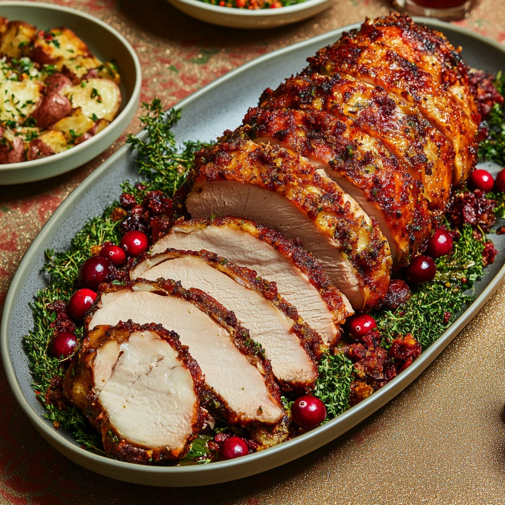 Sliced glazed roast on a platter garnished with cranberries and greens