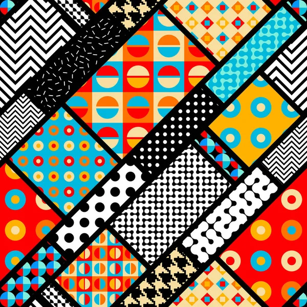 Colorful geometric pattern collage with chevrons, dots, and stripes in red, blue, yellow, and black and white