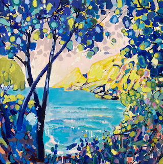 Impressionist painting of sunrise over turquoise bay seen through flowering trees in blue and yellow tones