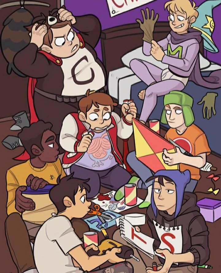 Illustrated South Park characters gathered indoors, eating snacks and goofing around in a messy room.