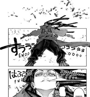 Black and white manga panels of a character with flowing hair inhaling wind with Japanese sound effects