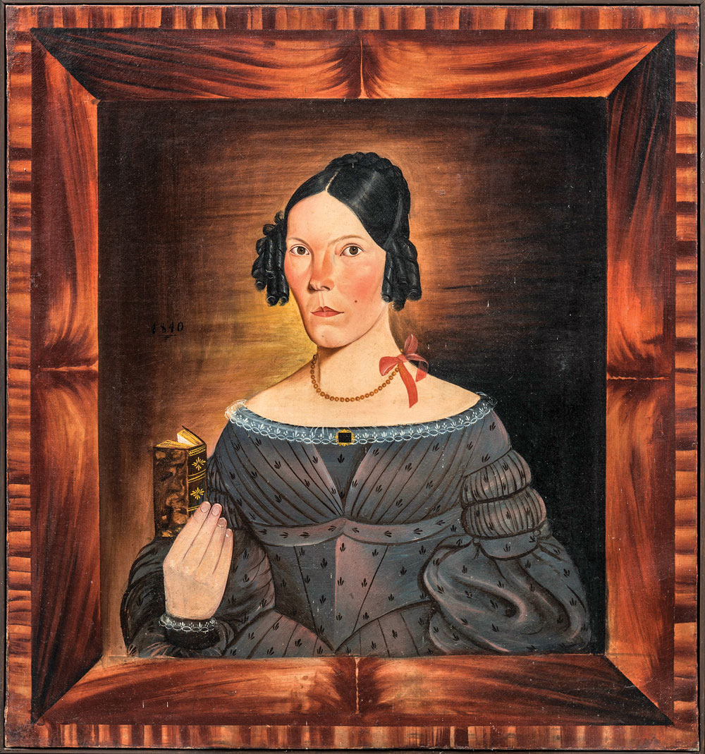 Folk art portrait of Abigail Munro Bosworth seated in dark dress