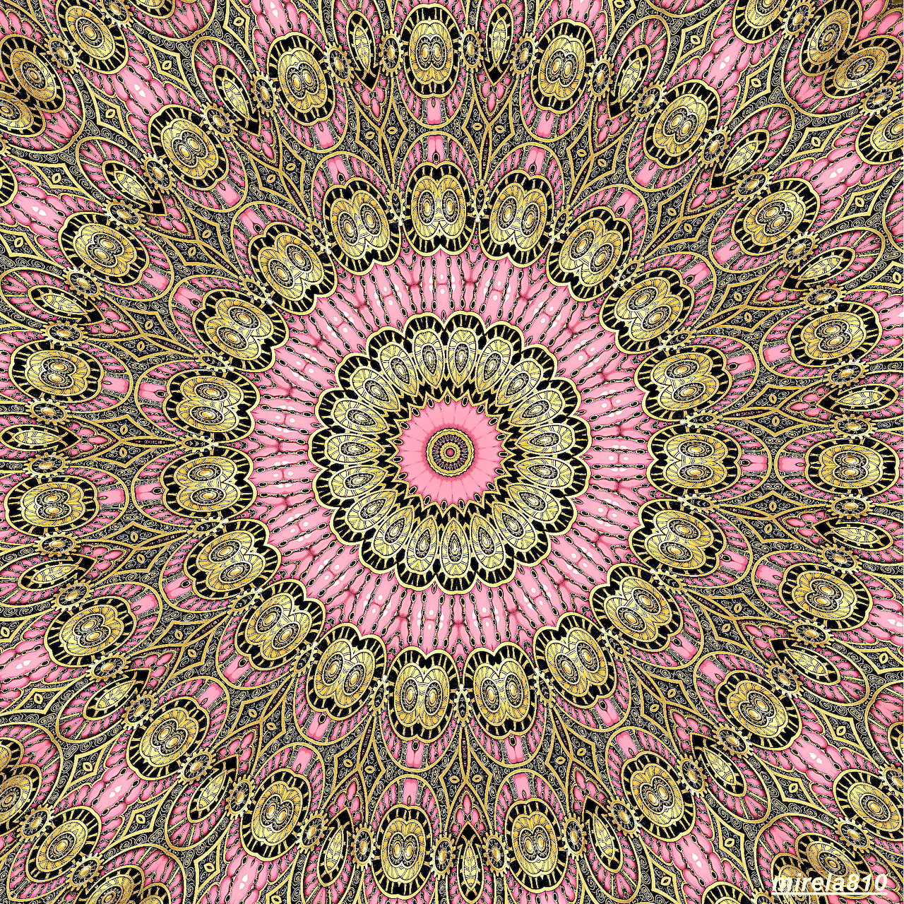 Symmetrical mandala with pink and gold radiating geometric pattern