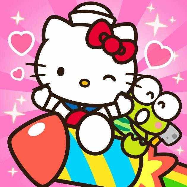 Hello Kitty character winking with red bow, holding frog toy on vibrant pink background with hearts