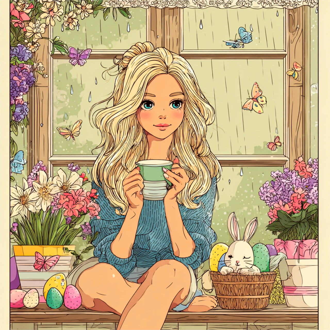 Blonde girl holding cup with Easter eggs, flowers, and bunny by window