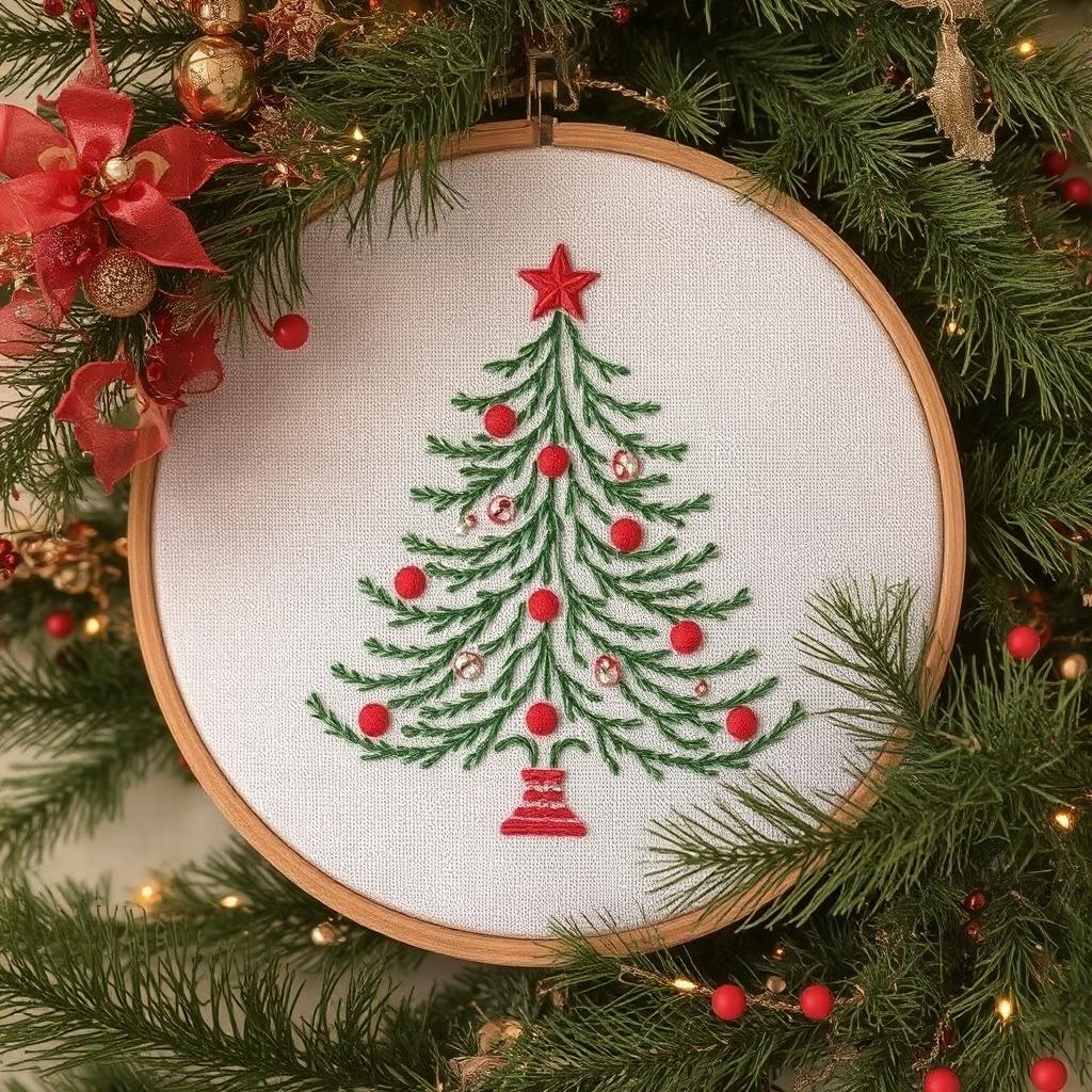 Embroidered Christmas tree with red ornaments in wooden hoop surrounded by pine branches