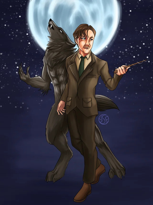 Wizard in robes holding wand beside transforming werewolf under full moon