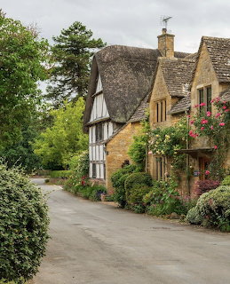 Country road beside old cottages with flowers and trees