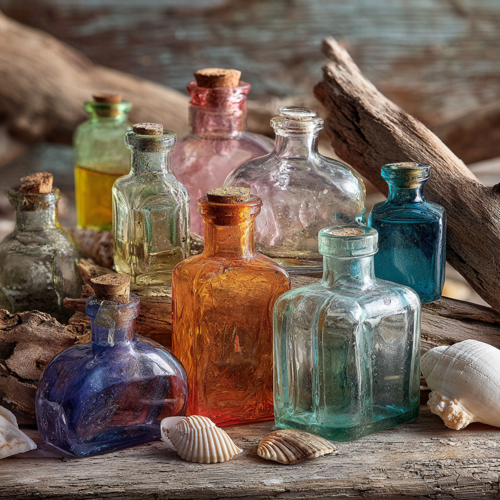 Colorful vintage glass bottles with cork stoppers arranged on driftwood with seashells beside calm water