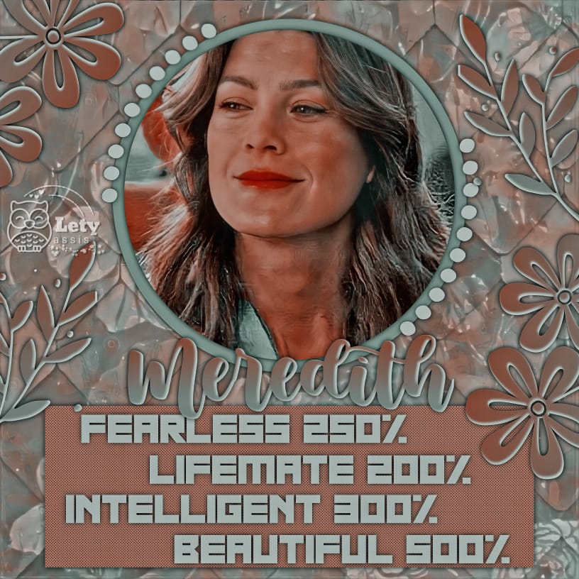 Stylized portrait of a woman named Meredith with floral border and decorative text