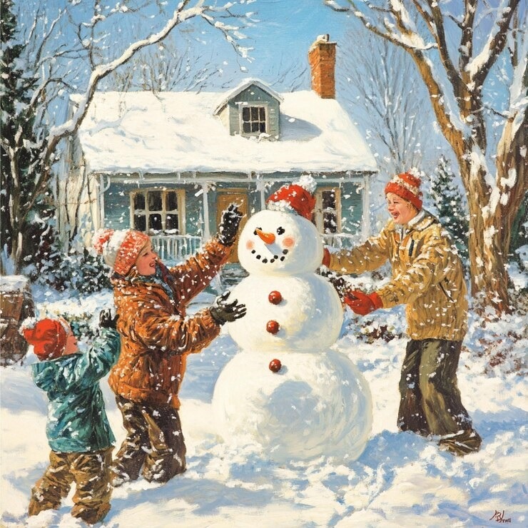 Family building snowman with carrot nose in snowy yard beside white house with snow-covered trees