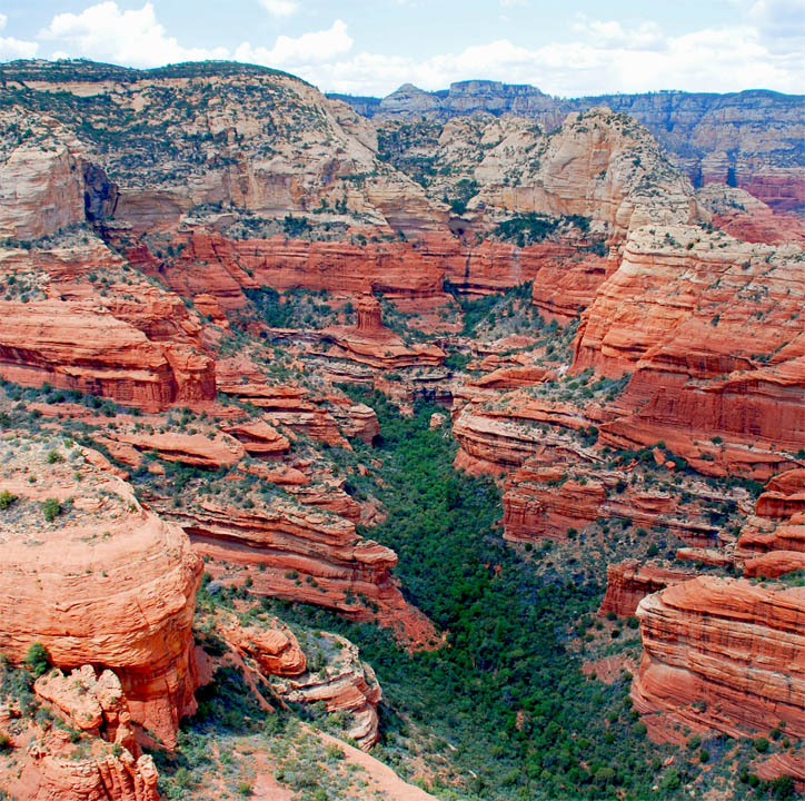 Red rock canyon with layered cliffs, a green valley, and blue sky