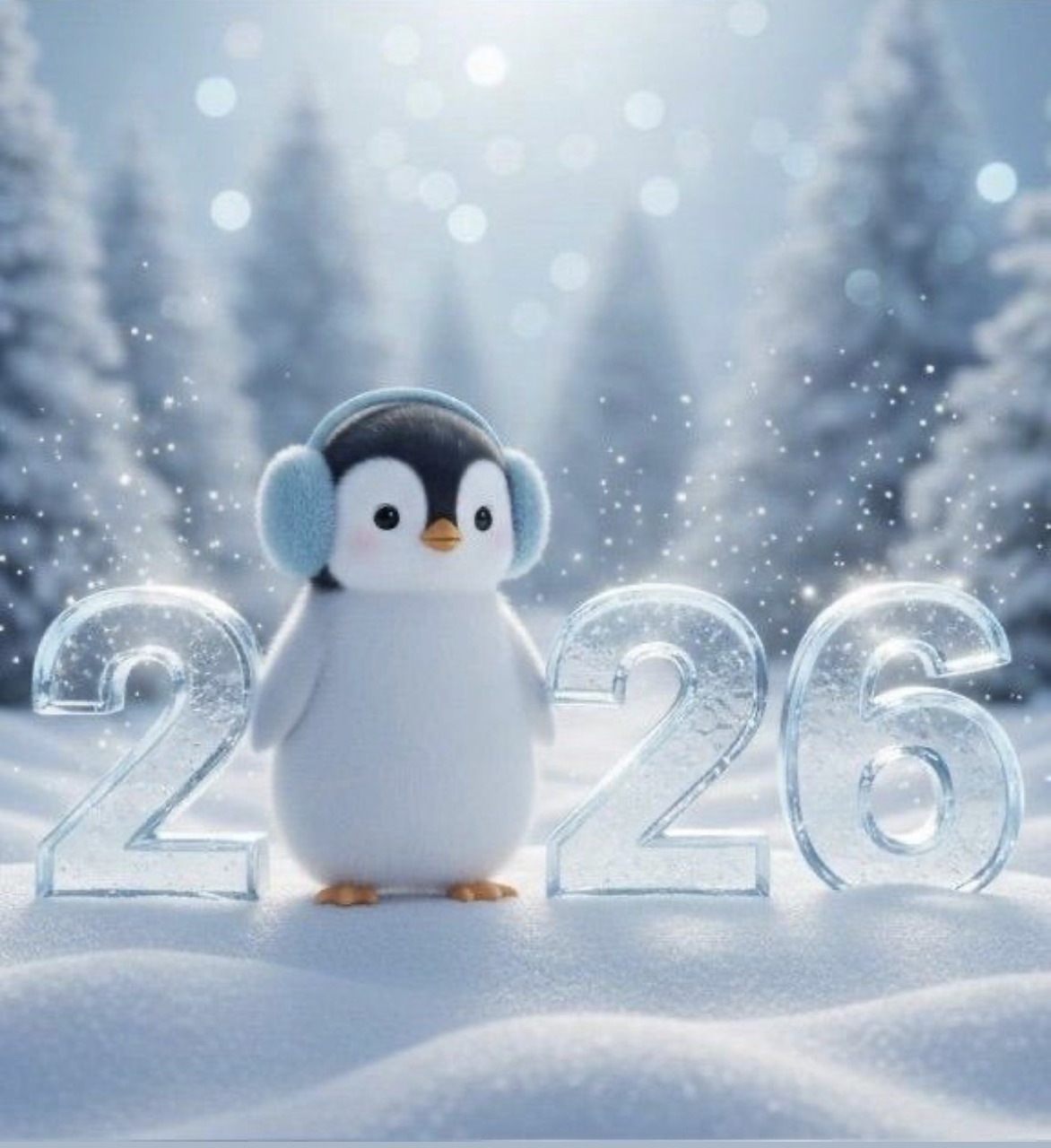 Cute baby penguin wearing blue earmuffs in front of glowing 2026 numbers in snowy winter scene