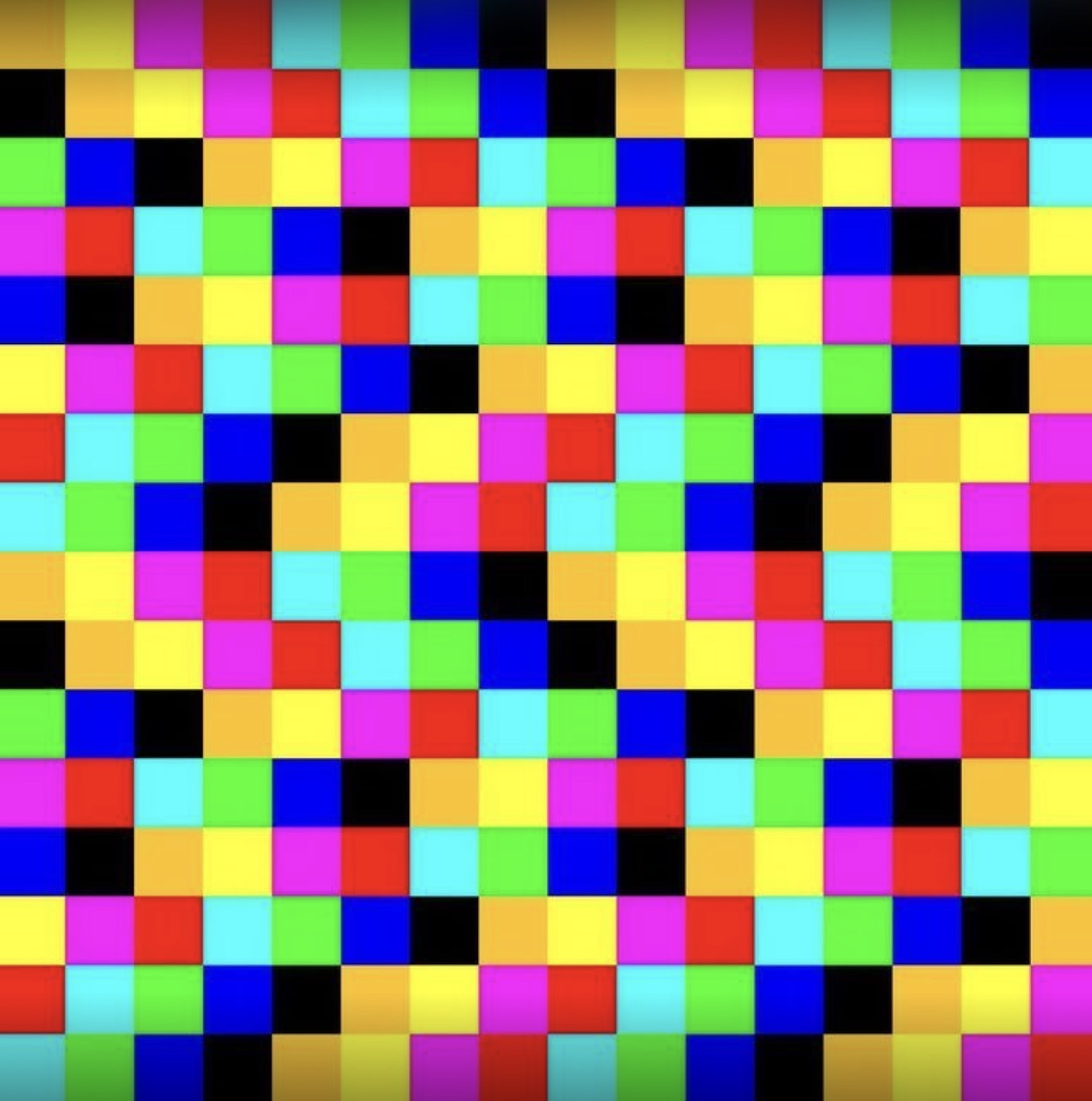 Abstract grid pattern of bright multicolored squares in yellow, pink, blue, green, red, orange, and black