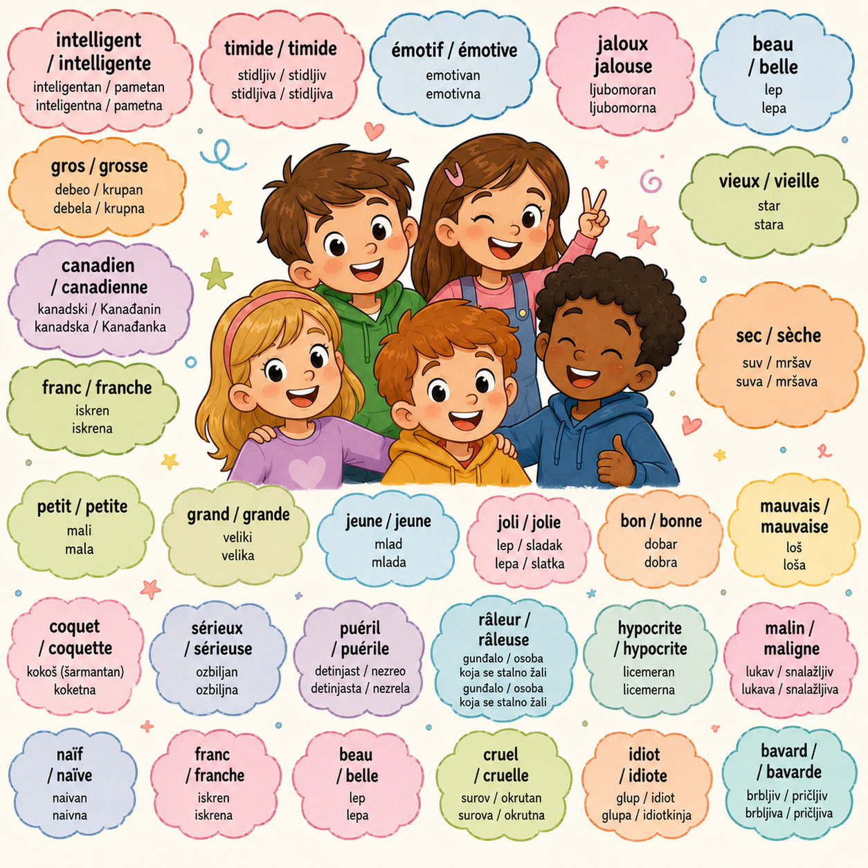 Cartoon children with French adjective word bubbles around them