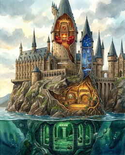 Fantasy castle on a rocky island above the sea with glowing underwater chambers below