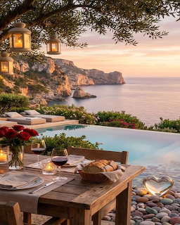 Romantic outdoor terrace with infinity pool overlooking Mediterranean cliffs and sea at sunset