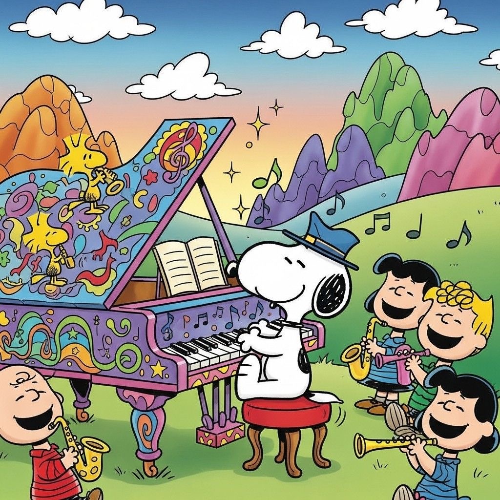 Snoopy playing piano with Charlie Brown and Peanuts friends in a colorful outdoor scene