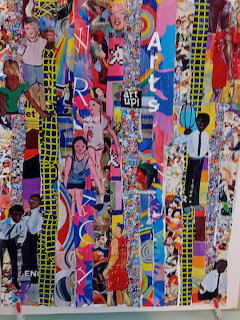 Colorful pop art collage with repeated human figures, bold patterns, and graphic design elements