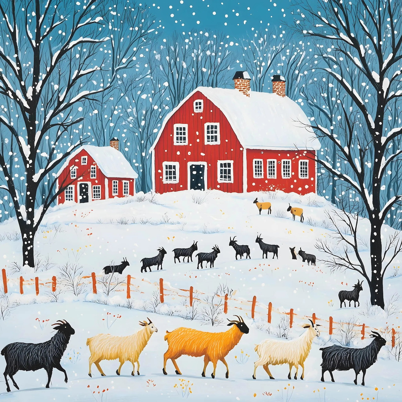 Goats in a snowy farmyard with a red house, bare trees, and falling snow