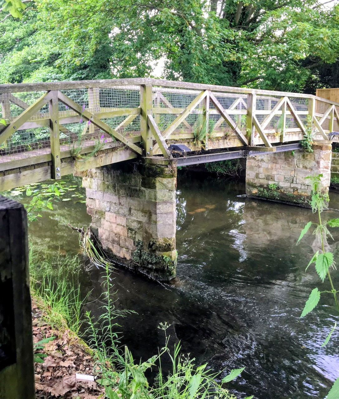 Wooden footbridge with stone pillars over a calm river surrounded by green trees