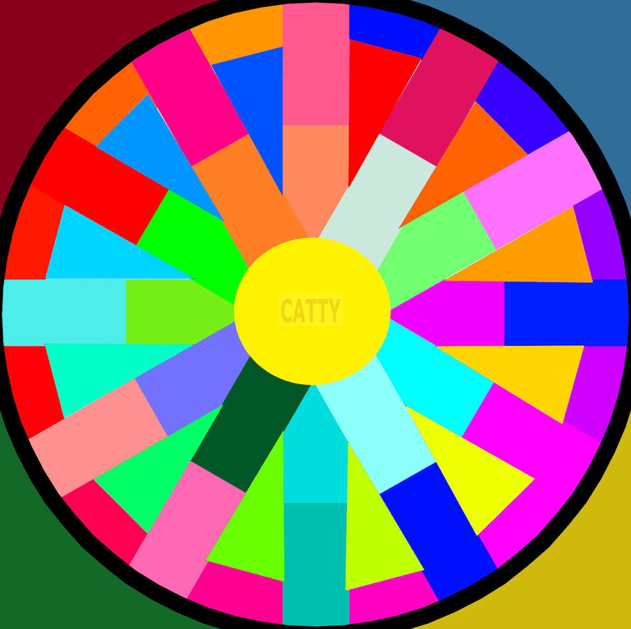 Bright circular wheel divided into multicolored wedge segments radiating from yellow center with text CATTY