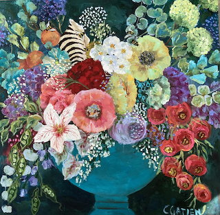 Painting of a colorful mixed flower bouquet in a teal vase on a dark background