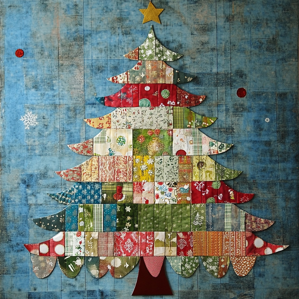 Colorful patchwork fabric Christmas tree with gold star on blue textured background